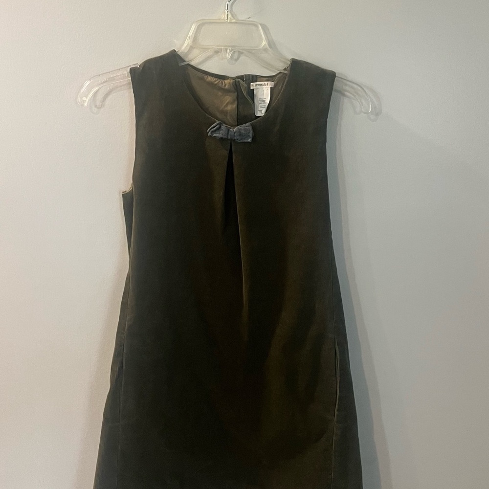 Crewcuts Army Green Velvet Sleeveless Shift Dress with Small Bow